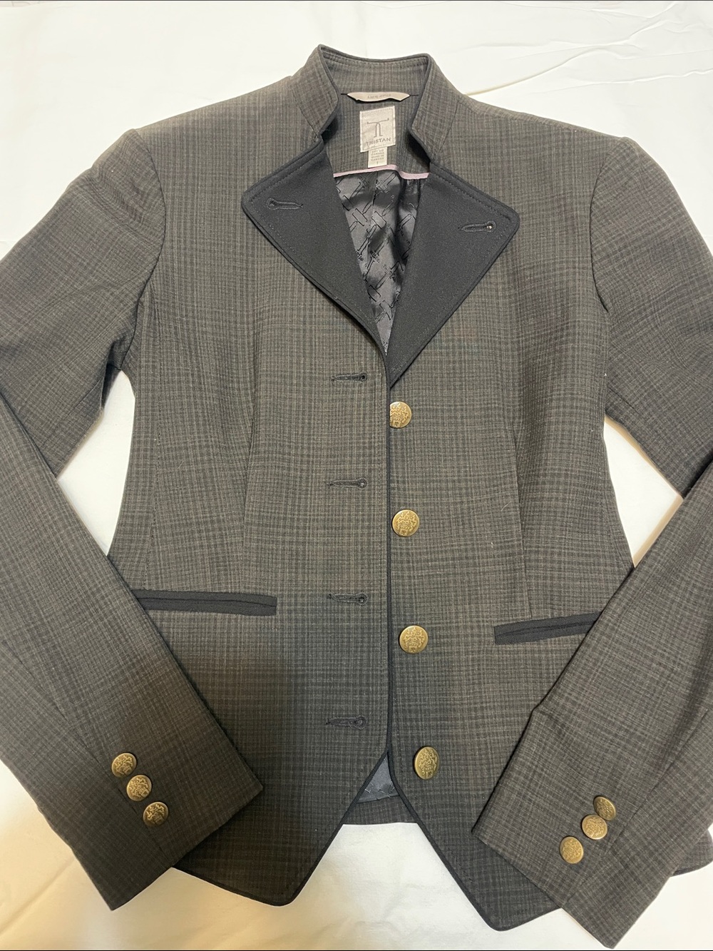 Womens Tailored Plaid Blazer Jacket in Dark Gray. Black collar. Tint of green - Picture 2 of 6